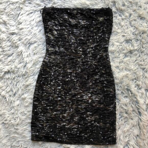 Taboo Black Glittery Shiny Goth Strapless Cocktail Dress - Picture 3 of 8